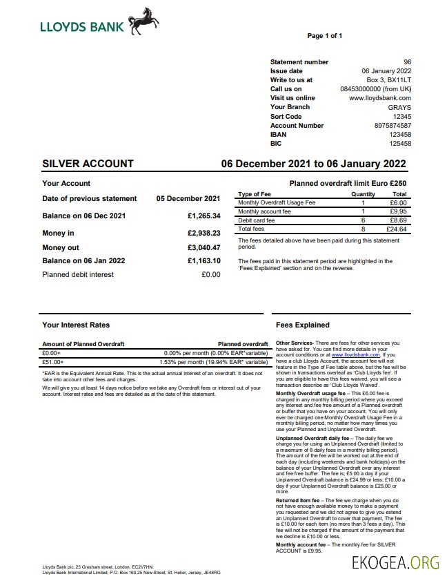 Modèle Word et PDF de relevé bancaire Lloyds du Royaume Uni, version 2